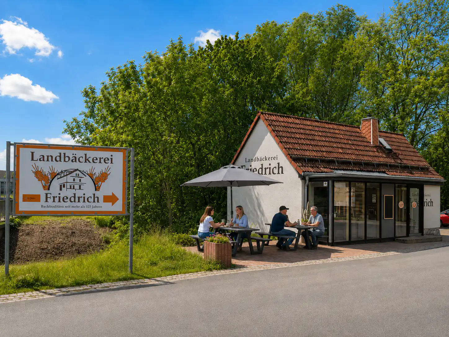 Außenansicht der Filiale Grumbach der Landbäckerei Friedrich an der August-Bebel-Straße